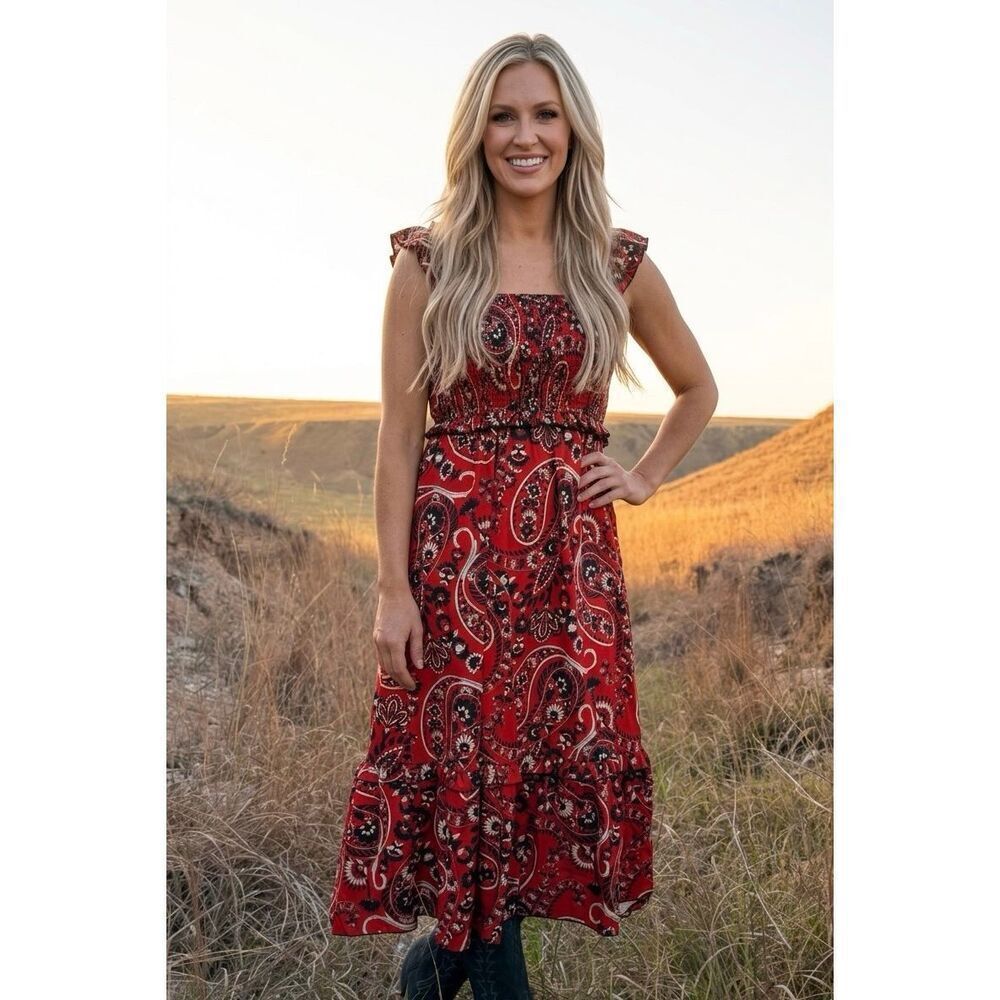 Canyon Paisley Smocked Midi Dress Red Boho Western Ruffle Tiered Sun Dress New